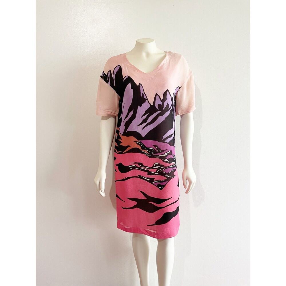 Missoni Mountain Print Pink Purple Short Sleeve Shift Silk Dress sz 38